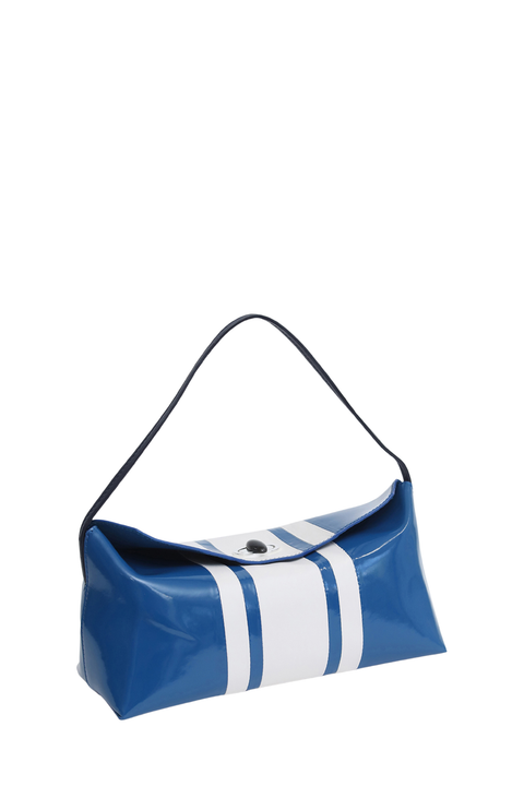 A glossy blue vinyl shoulder bag with two vertical white stripes and a black strap, shown on a plain white background.