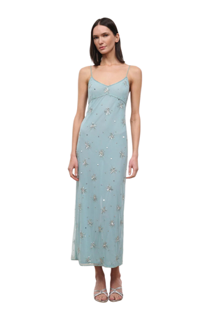 A woman wearing a light blue long dress with silver embellishments