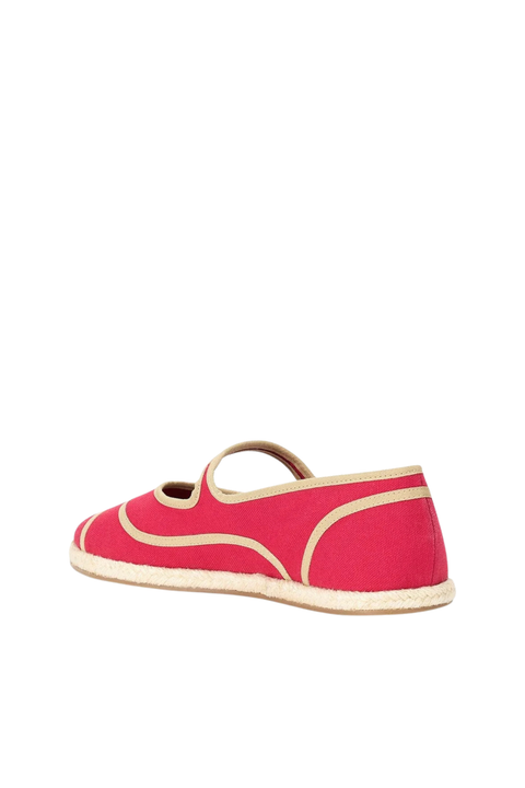 A single bright pink espadrille flat shoe with beige trim and a beige jute-wrapped sole, shown from a side profile view on a white background.