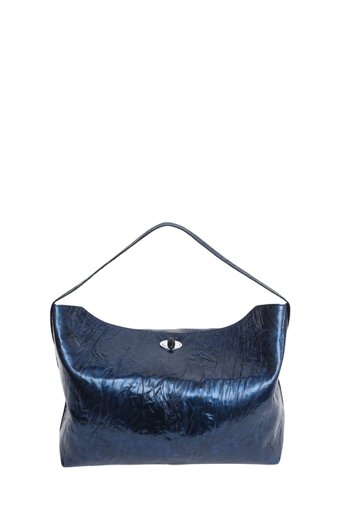 A dark blue textured leather shoulder bag with a single strap and a small silver metal logo clasp, shown against a plain white background.