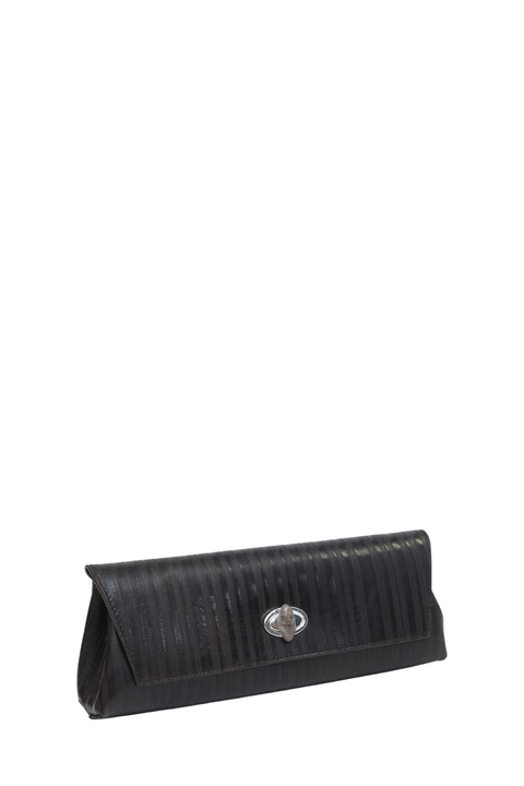 A black textured leather clutch bag with a silver-toned oval clasp, positioned on a solid white background.