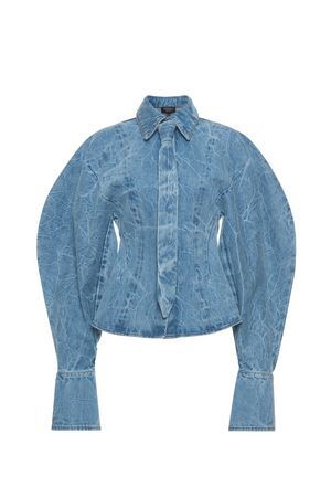 Acid Wash Denim Puff Sleeve Shirt