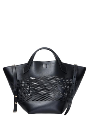 Front view of black perforated leather tote bag with PS monogram.