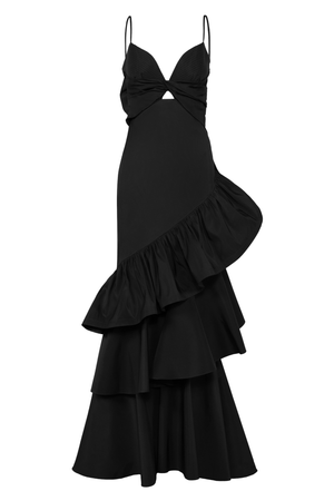 A black strapless gown with a sweetheart neckline, a large bow detail at the bust, and a dramatic cascading ruffle skirt, shown against a plain white background.