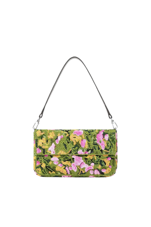 A green shoulder bag with a pink and yellow floral pattern, featuring a dark brown leather strap and silver hardware, shown against a plain white background.