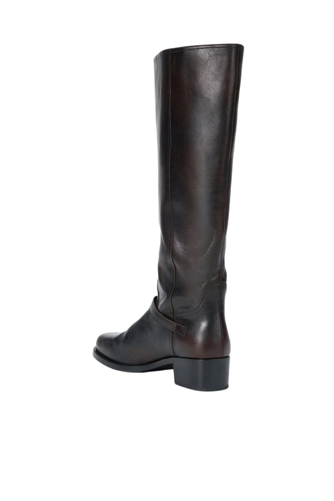 A dark brown leather knee-high boot shown from a side-rear angle against a plain white background.