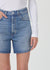 Close up of the blue denim shorts on a model