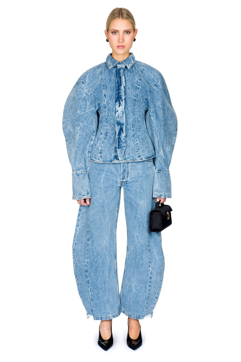 Acid Wash Denim Puff Sleeve Shirt