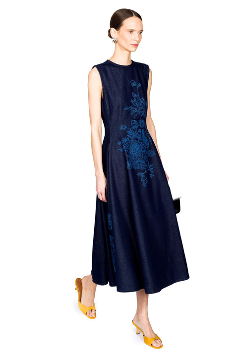 Flower Motif Denim Sleeveless Midi Dress