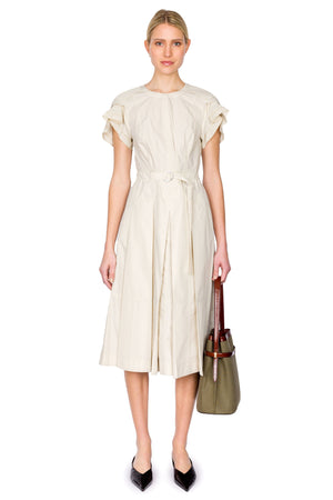 Cascade Drape Short Sleeve Belted Midi Dress