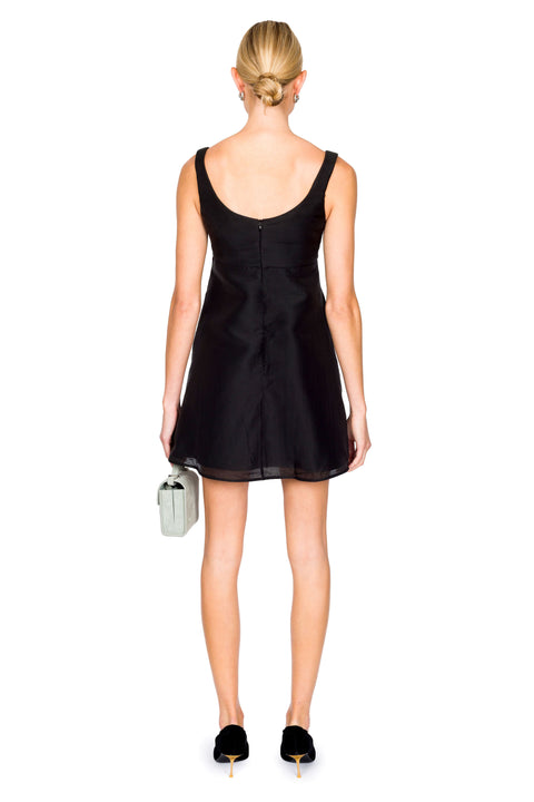 Heavy Satin Flower Embellished Babydoll Mini Dress