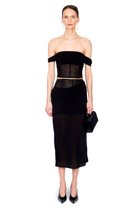 Front facing view of black off-the-shoulder mesh corset top with a matching maxi skirt