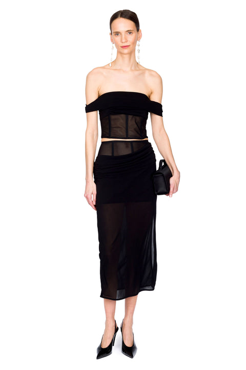 Black off-the-shoulder mesh corset top with a matching maxi skirt