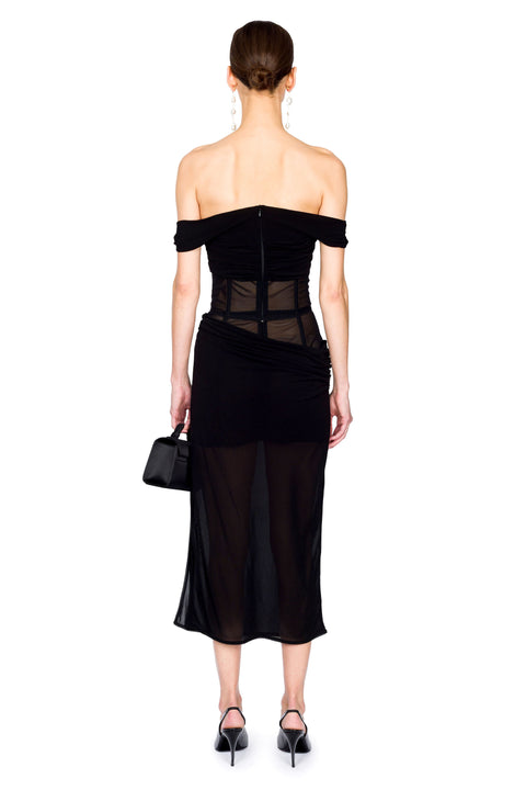 Back view of black off-the-shoulder mesh corset top with a matching maxi skirt
