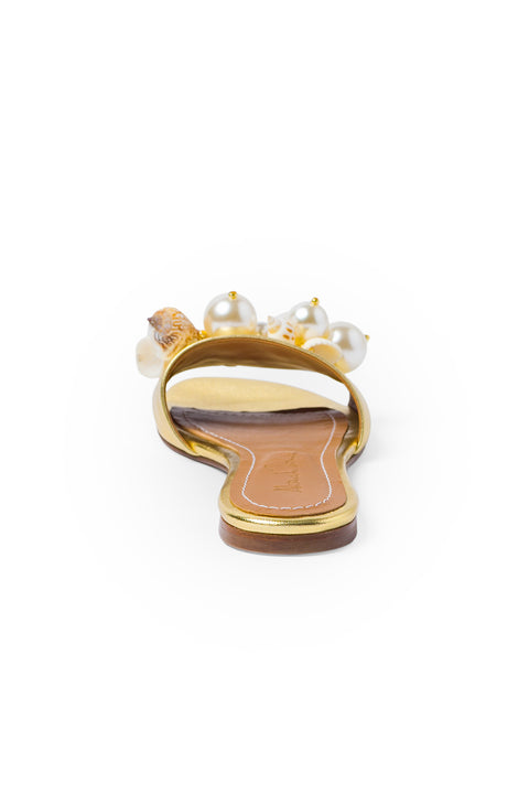 Back view of gold slide sandal.