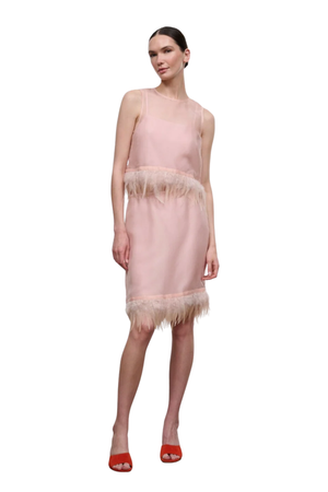 A model wearing a sleeveless light pink top and skirt with feather trim at the waist and hem, paired with red high-heeled sandals, against a plain white background.