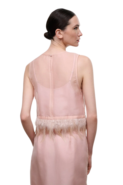 A woman shown from the back wearing a pale blush pink sleeveless top with a sheer upper back panel, a feathered waistband, and a long skirt, photographed against a plain white studio background.