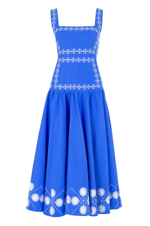 Ghost image of the front of the blue cotton midi dress.