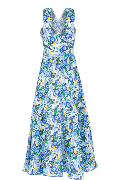 Blue Linen Floral Halterneck Midi Dress