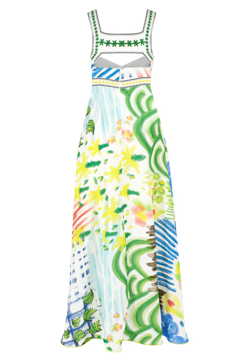Ghost image of the back of the tropical print linen midi dress.