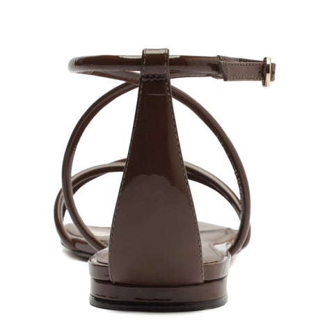 Up close look at back of brown strappy sandal.