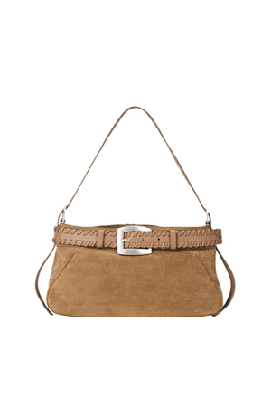 A tan suede shoulder bag with a matching braided leather top strap and a silver-tone metal buckle, shown against a plain white background.