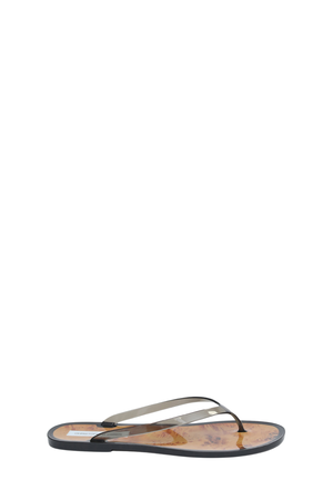 A single flat thong sandal with a clear black strap and a brown patterned footbed, shown against a plain white background.