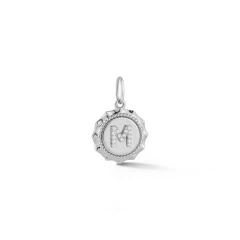 White gold with diamonds 'M' initial charm with scalloped edging detail.