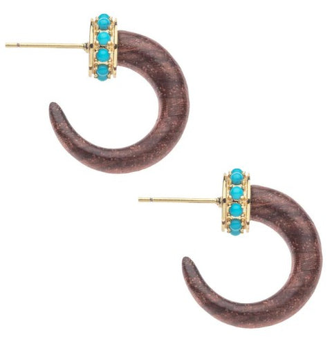 Brown wood hoop style earrings with turquoise and gold.