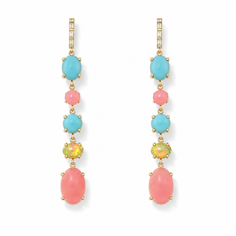 Opal, Turquoise, Chalcedony, and Diamond Drop Earrings