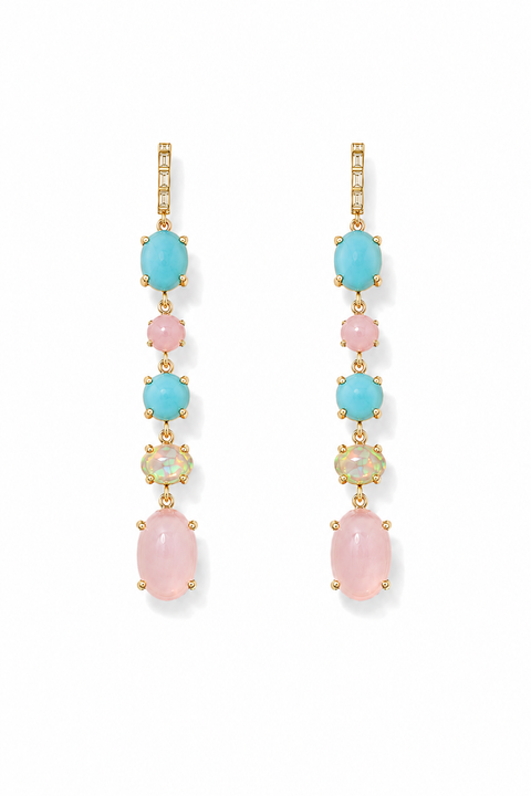 Opal, Turquoise, Chalcedony, and Diamond Drop Earrings