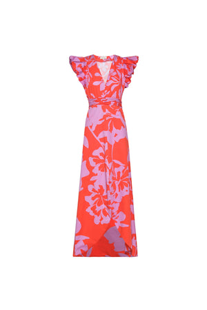 Ghost image of the front of the cuarzo maxi dress in orange and pink print.