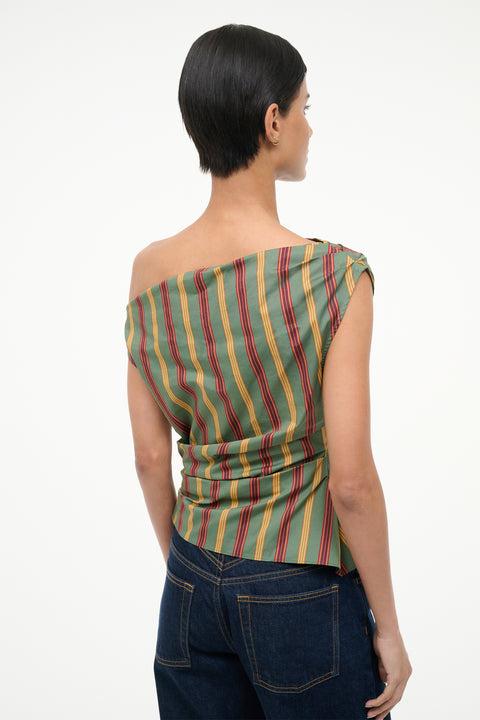 Woman wearing a striped one-shoulder top and dark jeans on a white background
