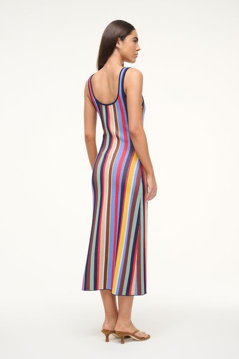 Back view of a Woman wearing a knit midi dress that features a scoop back and a colorful stripe patter, paired with tan sandals. 