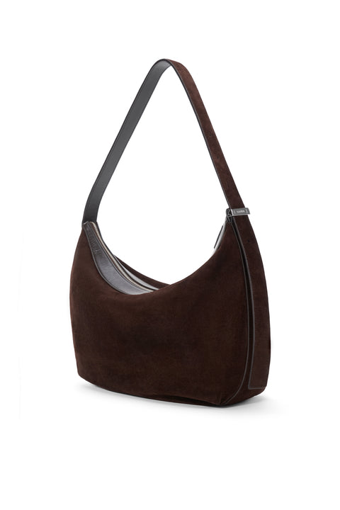 Brown handbag with a strap on a white background