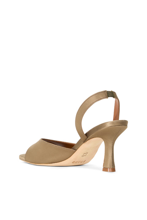Beige high-heeled sandal on a white background