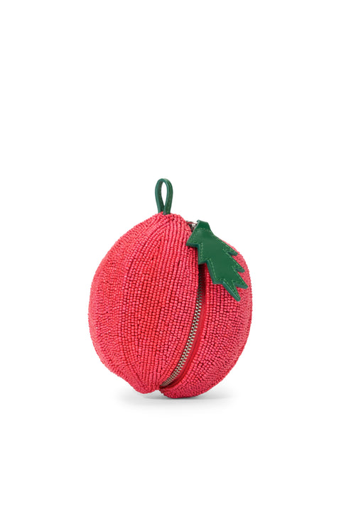 Red beaded tomato bag with a green leather leaf. 