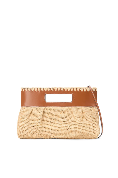 Woven clutch bag with brown leather strap on a white background