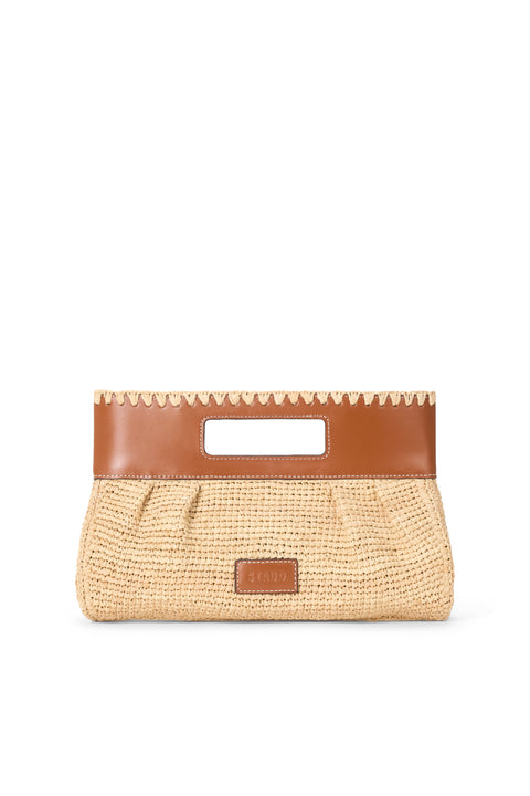 Woven handbag with brown leather accents on a white background