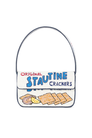 Beaded handbag with 'Original Stautine Crackers' design featuring crackers, oysters, and lemons. 