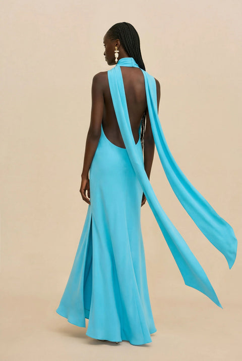 Back-facing shot of woman wearing a blue halter neck gown on a beige background.