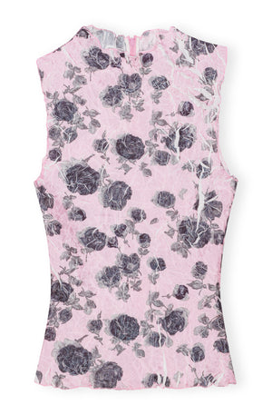 Pink tank top with black rose print.