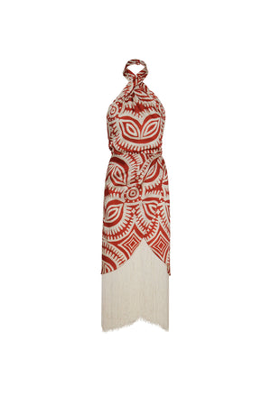 Front of the red tribal print fringe midi dress with hatlerneck.