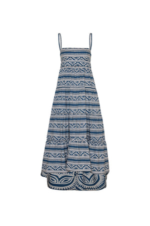 Front of blue print midi dress on white background.
