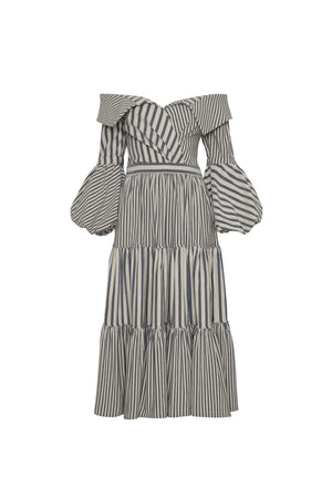 Blue and white striped tiered midi dress on white background.
