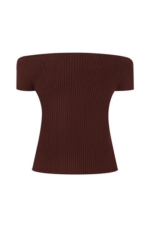 Back side of the brown knit top that is off the shoulder.