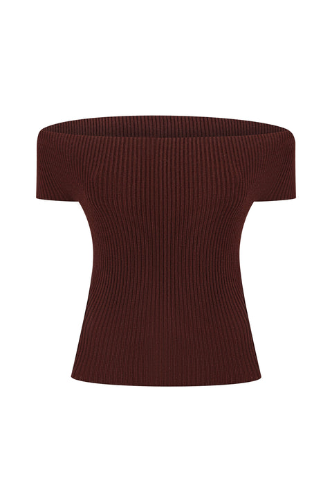 Front of brown off the shoulder knit top.