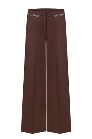 Front side of brown wide-leg pants with a silver chain belt on a white background