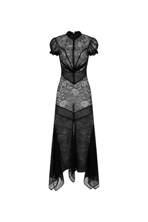 Black lace maxi dress with high neck and short puff sleeves on a white background