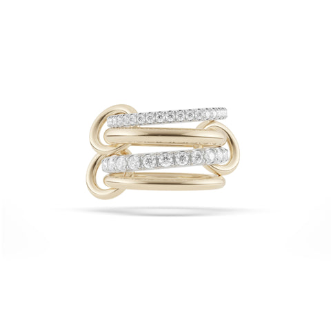 Ghost image of a Spinelli Kilcollin Halley ring that features a 2.3mm 18k white gold band pave with white diamonds, a  2.7mm 18k yellow gold half round band, a 2.8mm 18k white gold band pave with white diamonds, and a 2.3mm 18k yellow gold band, all connected by three 18k yellow gold connectors. 